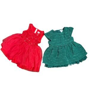 Cat & Jack LOT of 2 Toddler Girls 12 M Green Red Sequin Party Dress